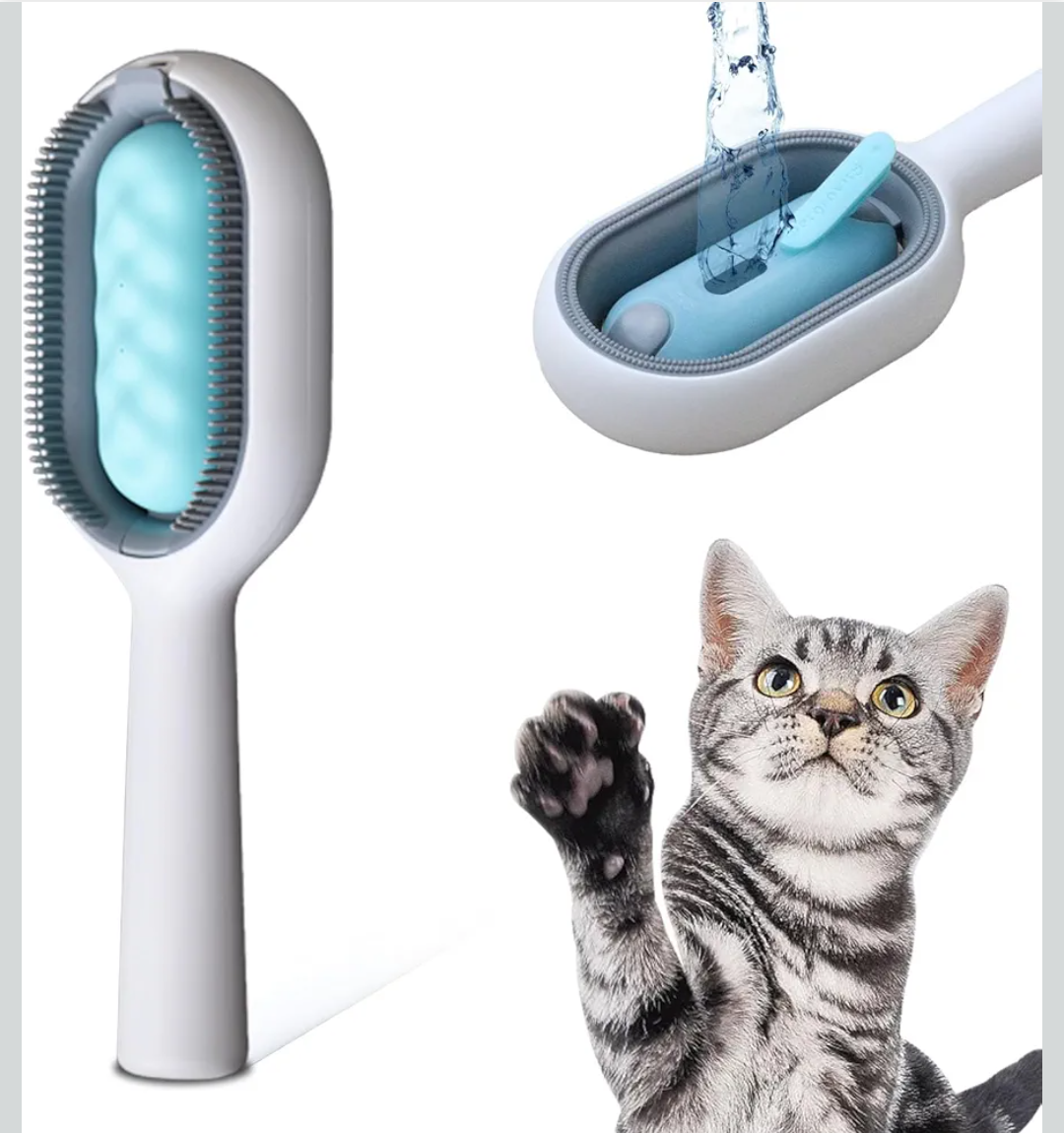 3-in-1 Pet Grooming Tool: Wet Brush with Water Tank, Hair Removal Comb, and Sticky Brush for Cats (Towels Not Included)