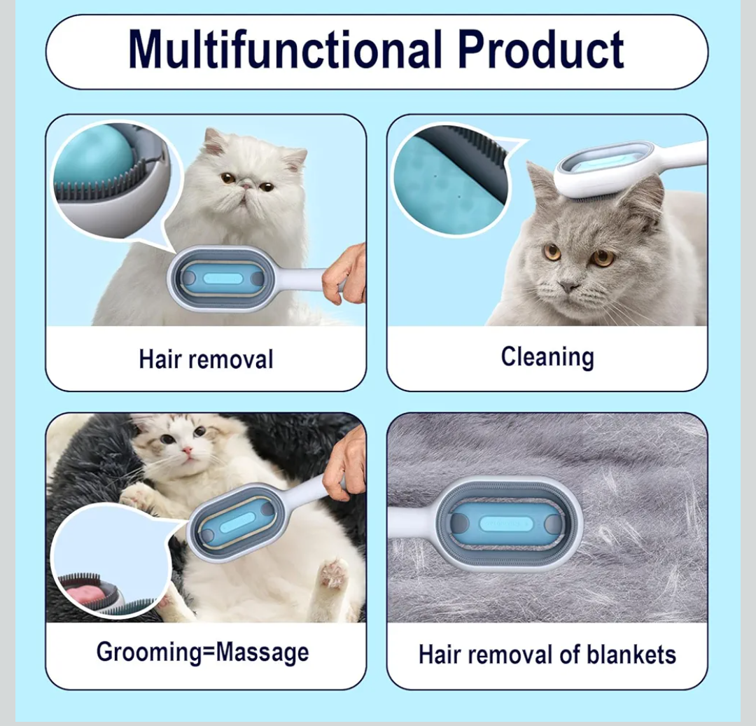 3-in-1 Pet Grooming Tool: Wet Brush with Water Tank, Hair Removal Comb, and Sticky Brush for Cats (Towels Not Included)