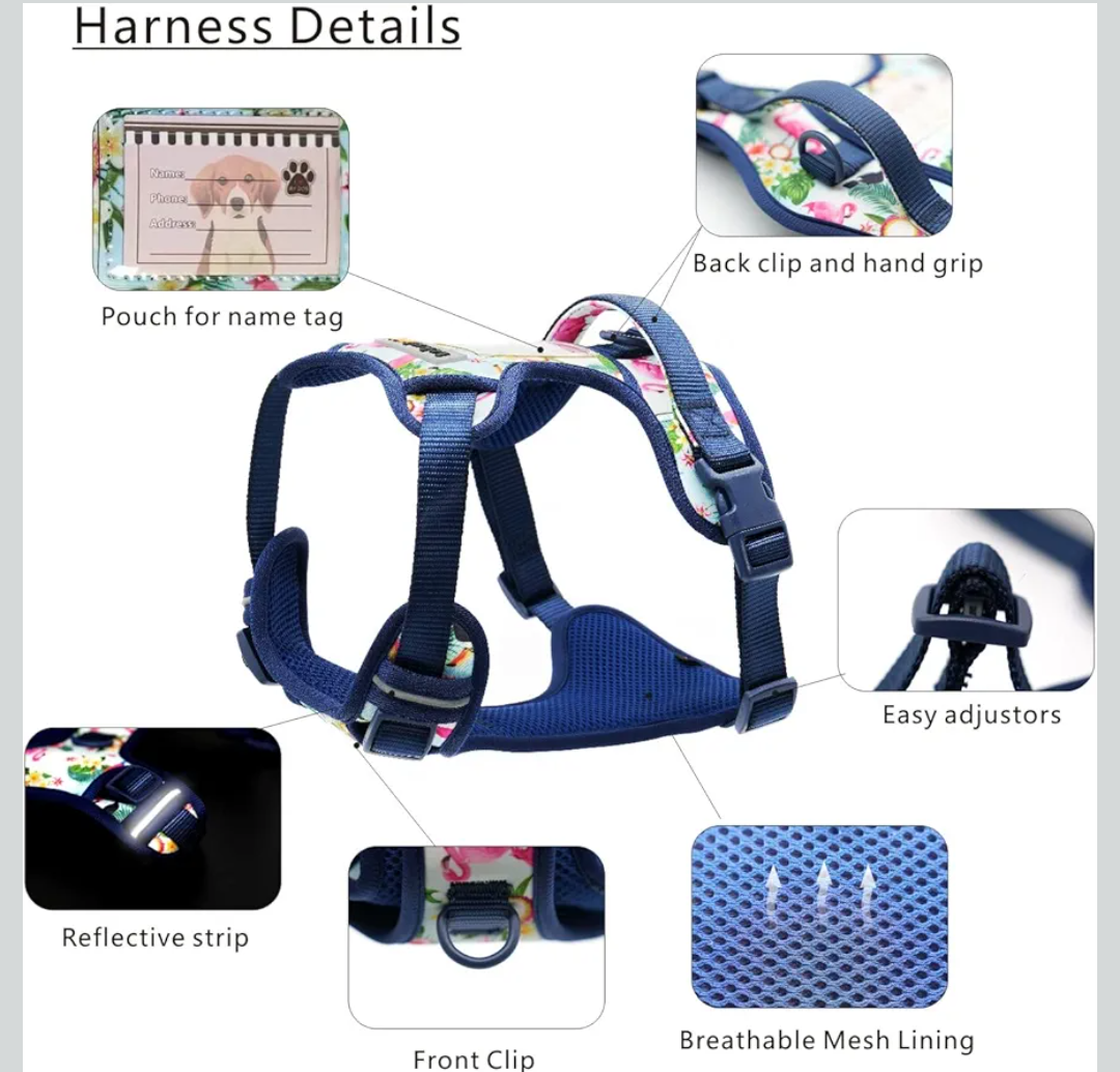 Dog Harness Collar 5ft Leash Poop Bag Holder Set, Reflective Adjustable No-Pull Dog Vest Harness with Safety Lock Easy Control Handle, for Small Medium Large Dogs 4pcs-M-Navy