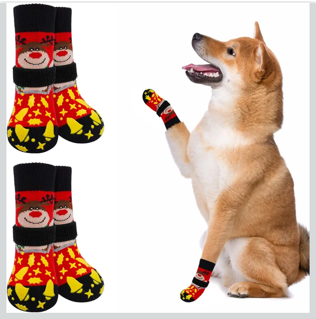 BEAUTYZOO Christmas Dog Socks to Prevent Licking Paws, Hardwood Floors Anti Slip, Non Slip Dog Socks with Grippers Dog Paw Protector, Dog Booties for Indoor Use Senior Dog Shoes