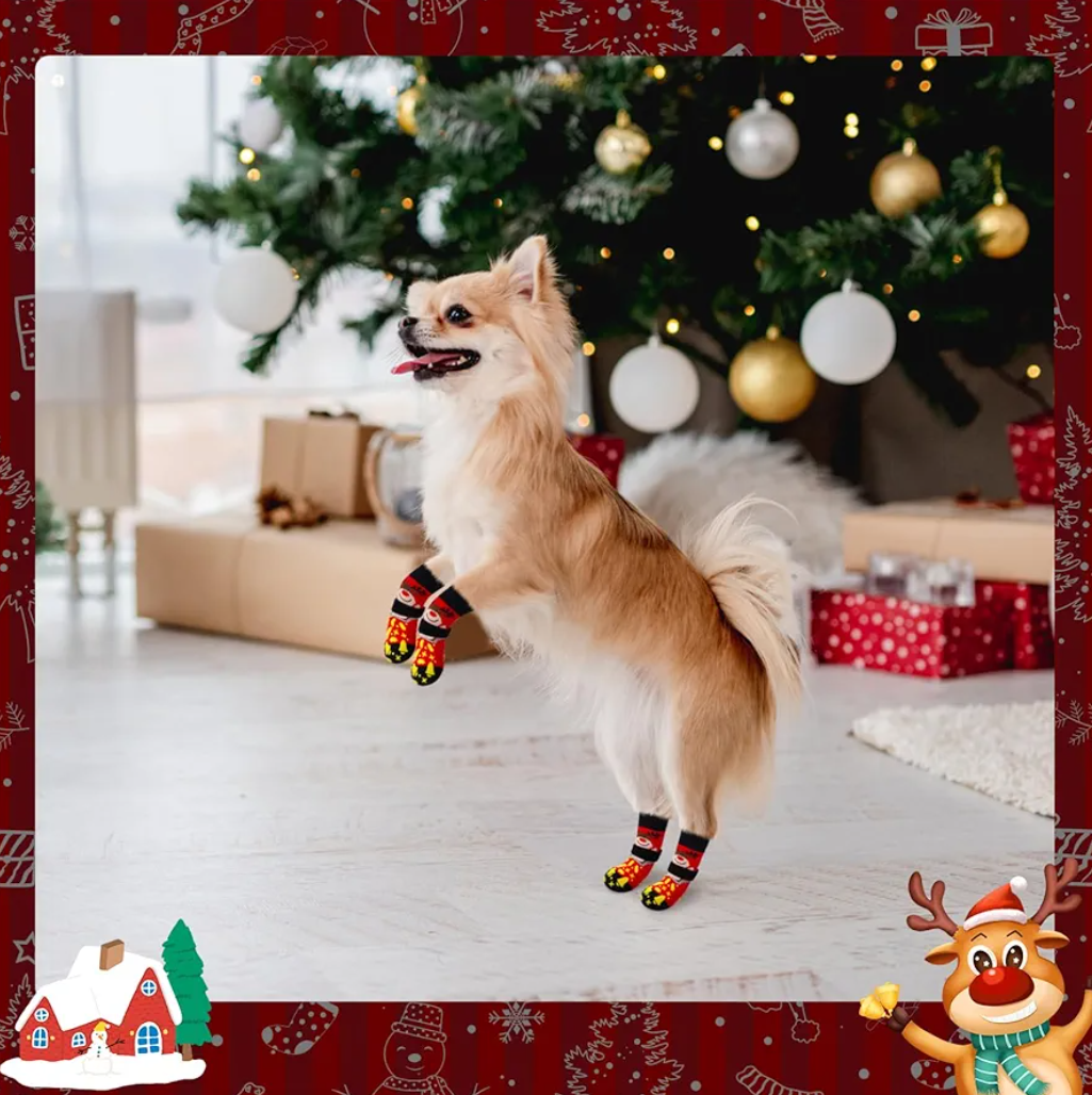 BEAUTYZOO Christmas Dog Socks to Prevent Licking Paws, Hardwood Floors Anti Slip, Non Slip Dog Socks with Grippers Dog Paw Protector, Dog Booties for Indoor Use Senior Dog Shoes