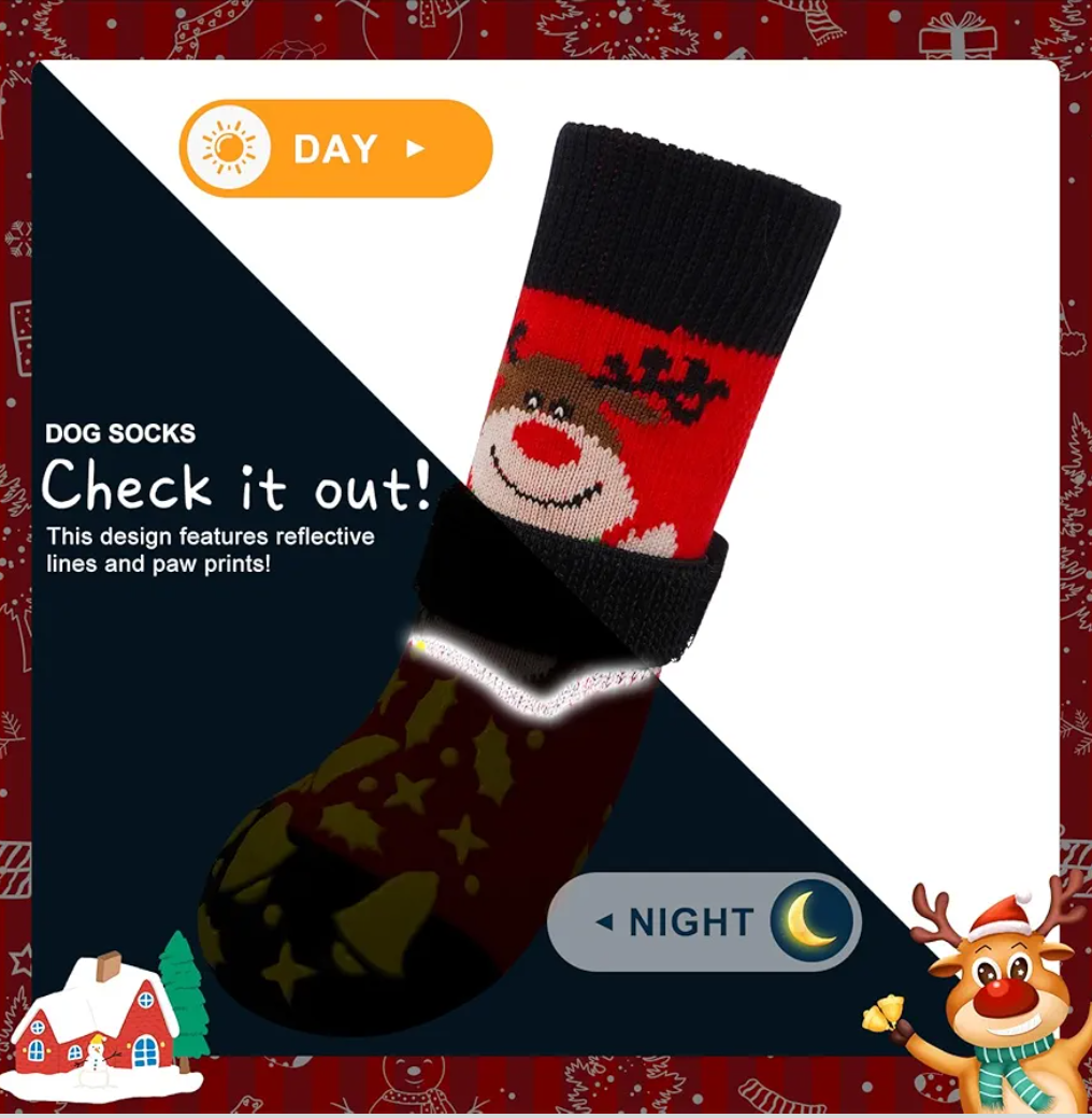 BEAUTYZOO Christmas Dog Socks to Prevent Licking Paws, Hardwood Floors Anti Slip, Non Slip Dog Socks with Grippers Dog Paw Protector, Dog Booties for Indoor Use Senior Dog Shoes