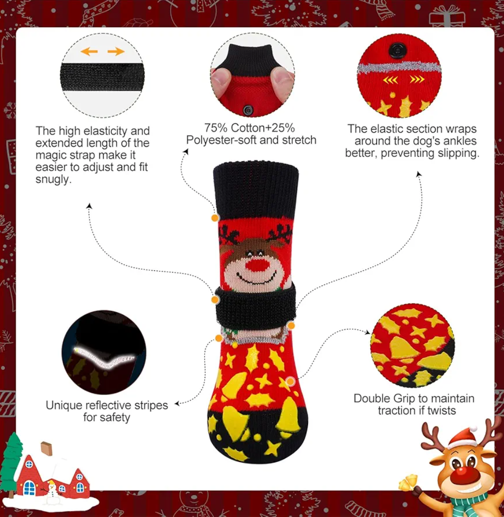 BEAUTYZOO Christmas Dog Socks to Prevent Licking Paws, Hardwood Floors Anti Slip, Non Slip Dog Socks with Grippers Dog Paw Protector, Dog Booties for Indoor Use Senior Dog Shoes