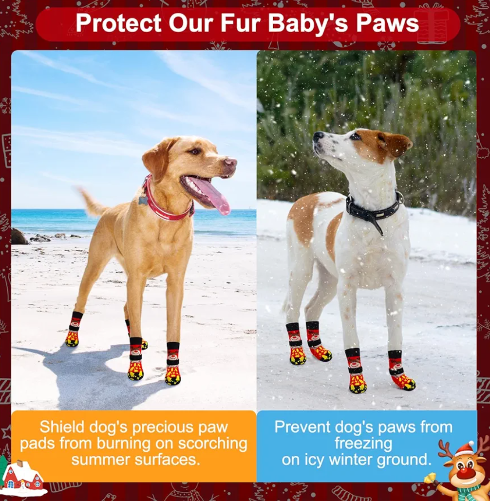 BEAUTYZOO Christmas Dog Socks to Prevent Licking Paws, Hardwood Floors Anti Slip, Non Slip Dog Socks with Grippers Dog Paw Protector, Dog Booties for Indoor Use Senior Dog Shoes