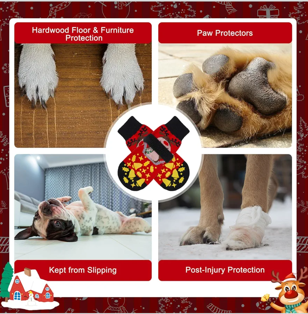 BEAUTYZOO Christmas Dog Socks to Prevent Licking Paws, Hardwood Floors Anti Slip, Non Slip Dog Socks with Grippers Dog Paw Protector, Dog Booties for Indoor Use Senior Dog Shoes
