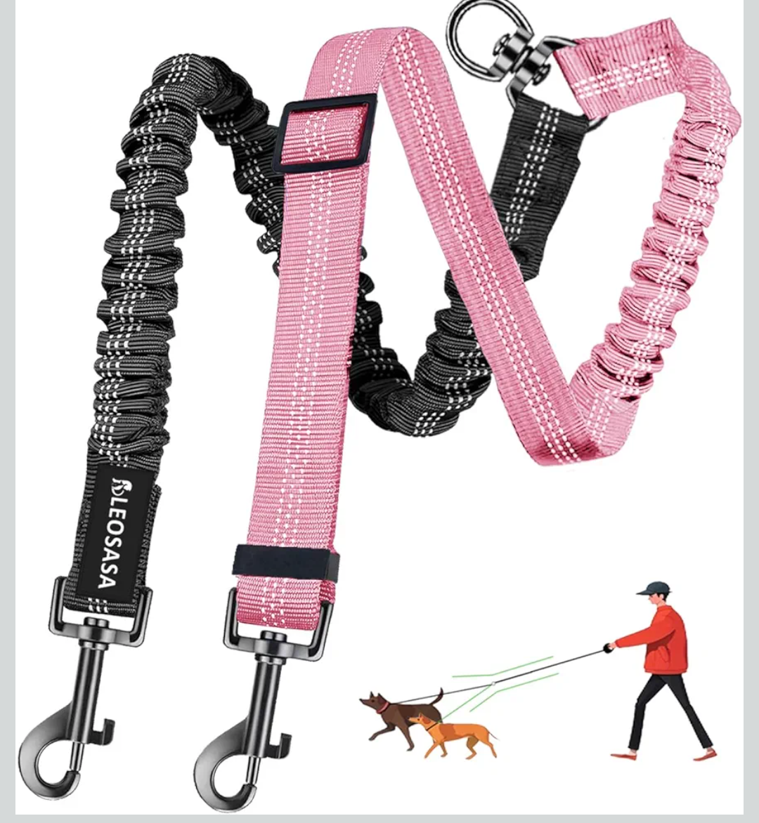 Double Dog Leash - 360°Swivel Tangle Free Splitter Attachment, 2 Dogs Multi-Functional Leashes, Dual Rope for Outdoor Walk Train Small Medium Large Two Pet, Pink