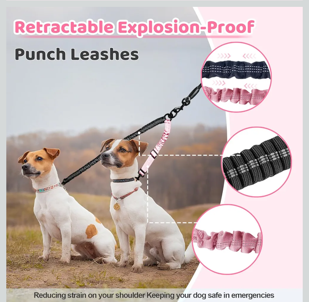 Double Dog Leash - 360°Swivel Tangle Free Splitter Attachment, 2 Dogs Multi-Functional Leashes, Dual Rope for Outdoor Walk Train Small Medium Large Two Pet, Pink