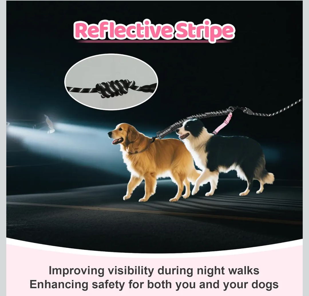 Double Dog Leash - 360°Swivel Tangle Free Splitter Attachment, 2 Dogs Multi-Functional Leashes, Dual Rope for Outdoor Walk Train Small Medium Large Two Pet, Pink