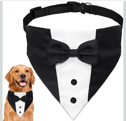Dog Tuxedo Suit Wedding Bandana Collar with Bow Tie, Adjustable Formal Dog Tux, Engagement Birthday Tuxedo for Small Medium Large Dogs Pets (Large: Neck 15”-25”)