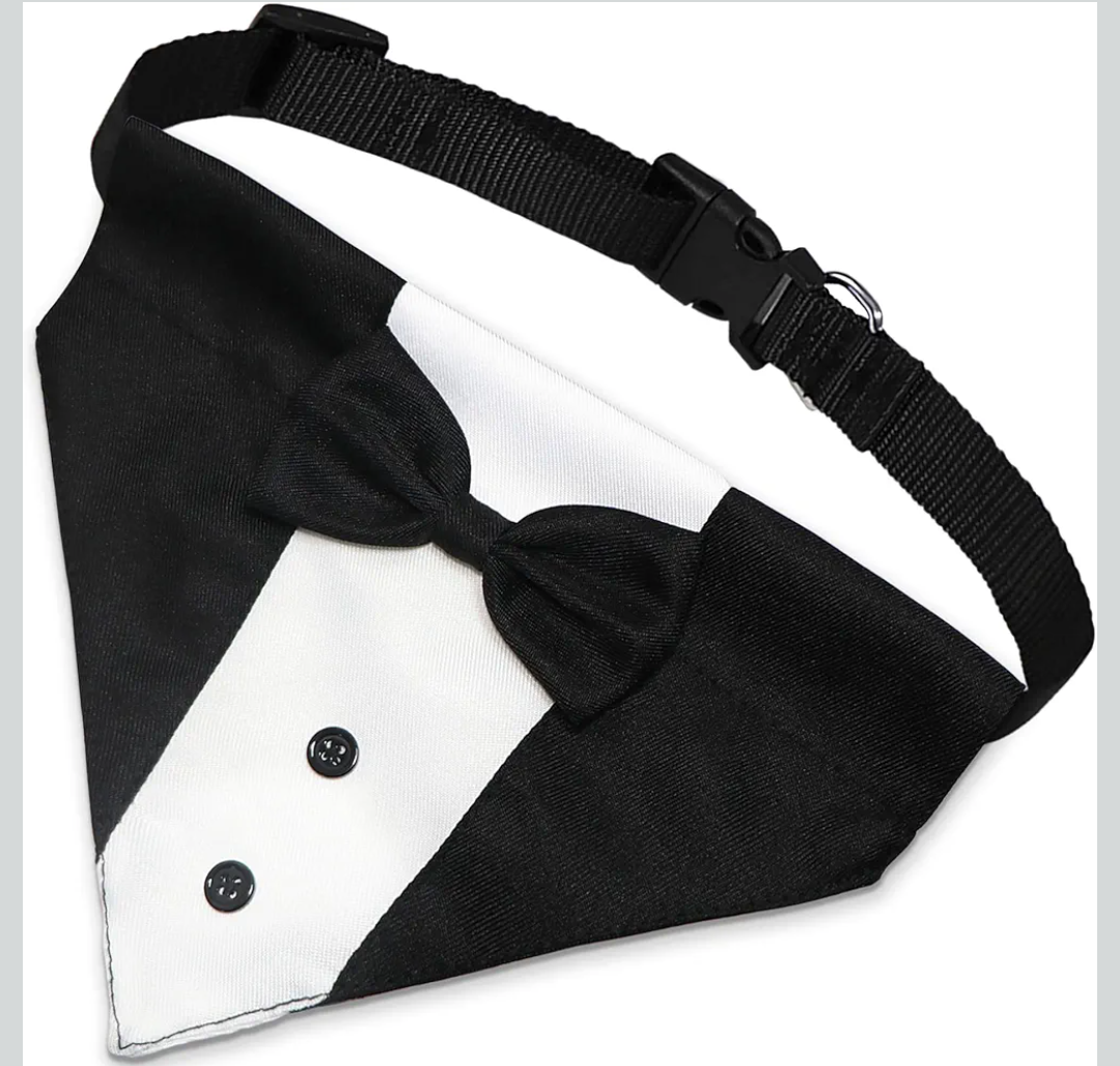 Dog Tuxedo Suit Wedding Bandana Collar with Bow Tie, Adjustable Formal Dog Tux, Engagement Birthday Tuxedo for Small Medium Large Dogs Pets (Large: Neck 15”-25”)