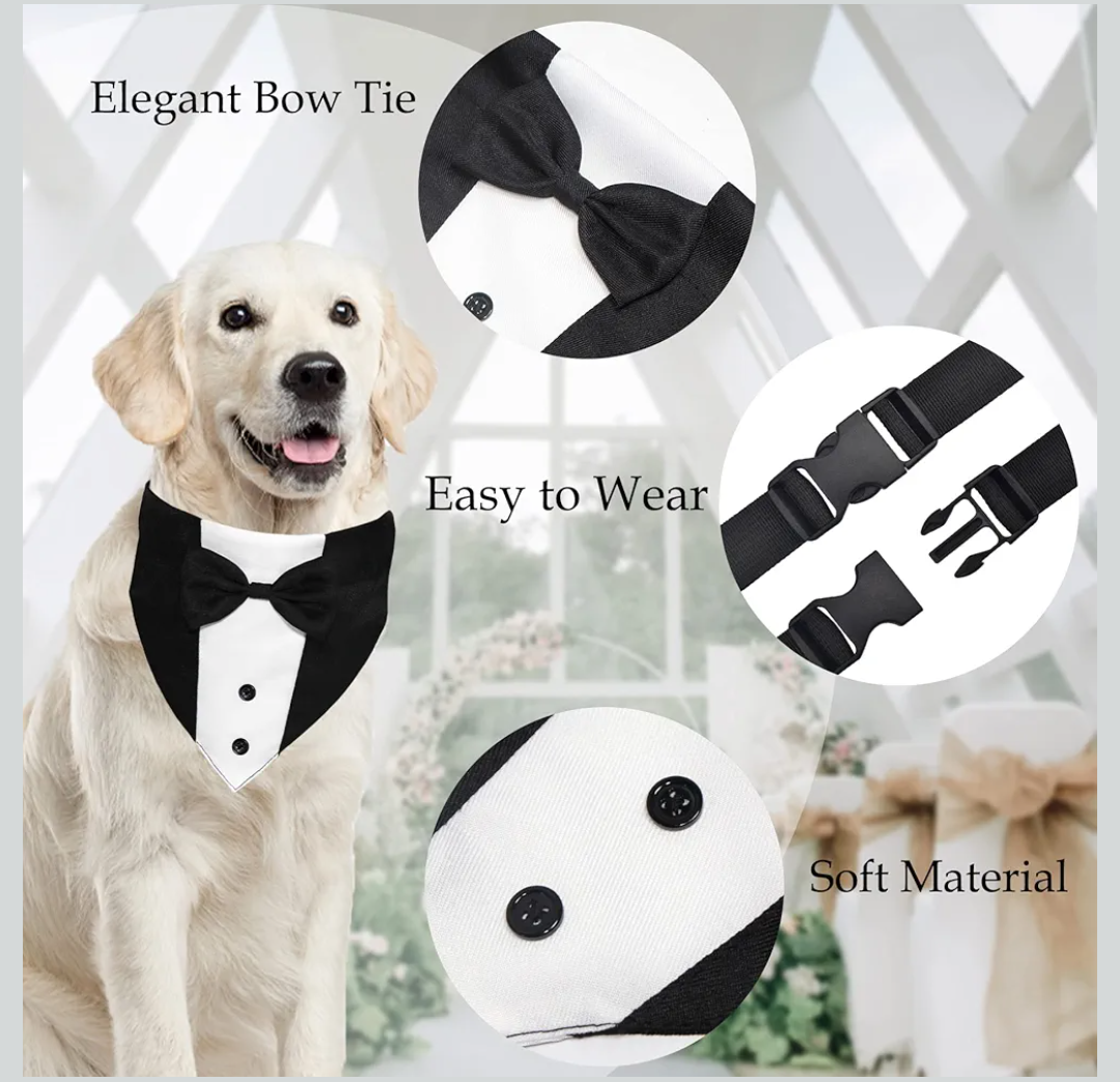 Dog Tuxedo Suit Wedding Bandana Collar with Bow Tie, Adjustable Formal Dog Tux, Engagement Birthday Tuxedo for Small Medium Large Dogs Pets (Large: Neck 15”-25”)