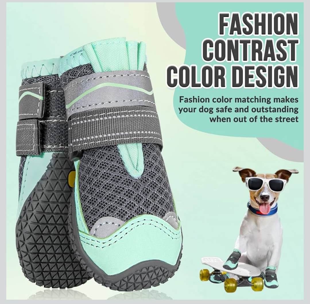 SlowTon Dog Shoes for Large Small Medium Dogs - Breathable Dog Boots for Summer Hot Pavement, Paw Protector for Outdoor Walking Winter Snow, Anti-Slip Rubber Dog Booties for Hardwood Floor (Green, 6)