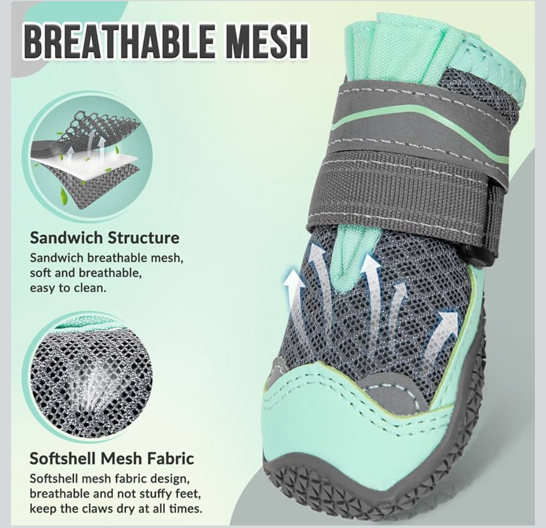 SlowTon Dog Shoes for Large Small Medium Dogs - Breathable Dog Boots for Summer Hot Pavement, Paw Protector for Outdoor Walking Winter Snow, Anti-Slip Rubber Dog Booties for Hardwood Floor (Green, 6)