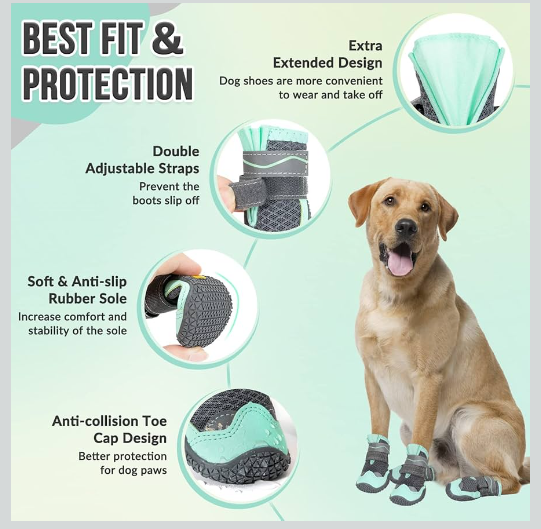SlowTon Dog Shoes for Large Small Medium Dogs - Breathable Dog Boots for Summer Hot Pavement, Paw Protector for Outdoor Walking Winter Snow, Anti-Slip Rubber Dog Booties for Hardwood Floor (Green, 6)