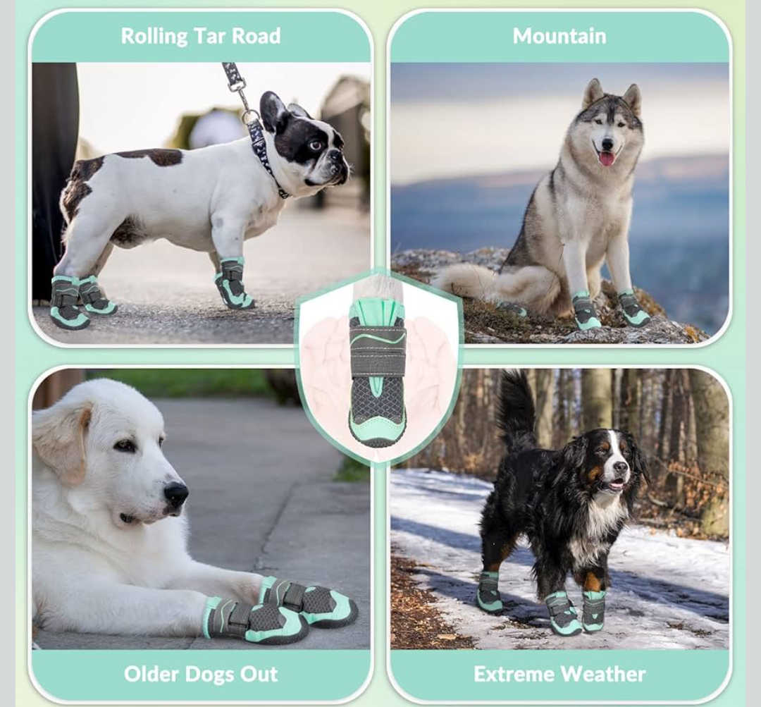 SlowTon Dog Shoes for Large Small Medium Dogs - Breathable Dog Boots for Summer Hot Pavement, Paw Protector for Outdoor Walking Winter Snow, Anti-Slip Rubber Dog Booties for Hardwood Floor (Green, 6)