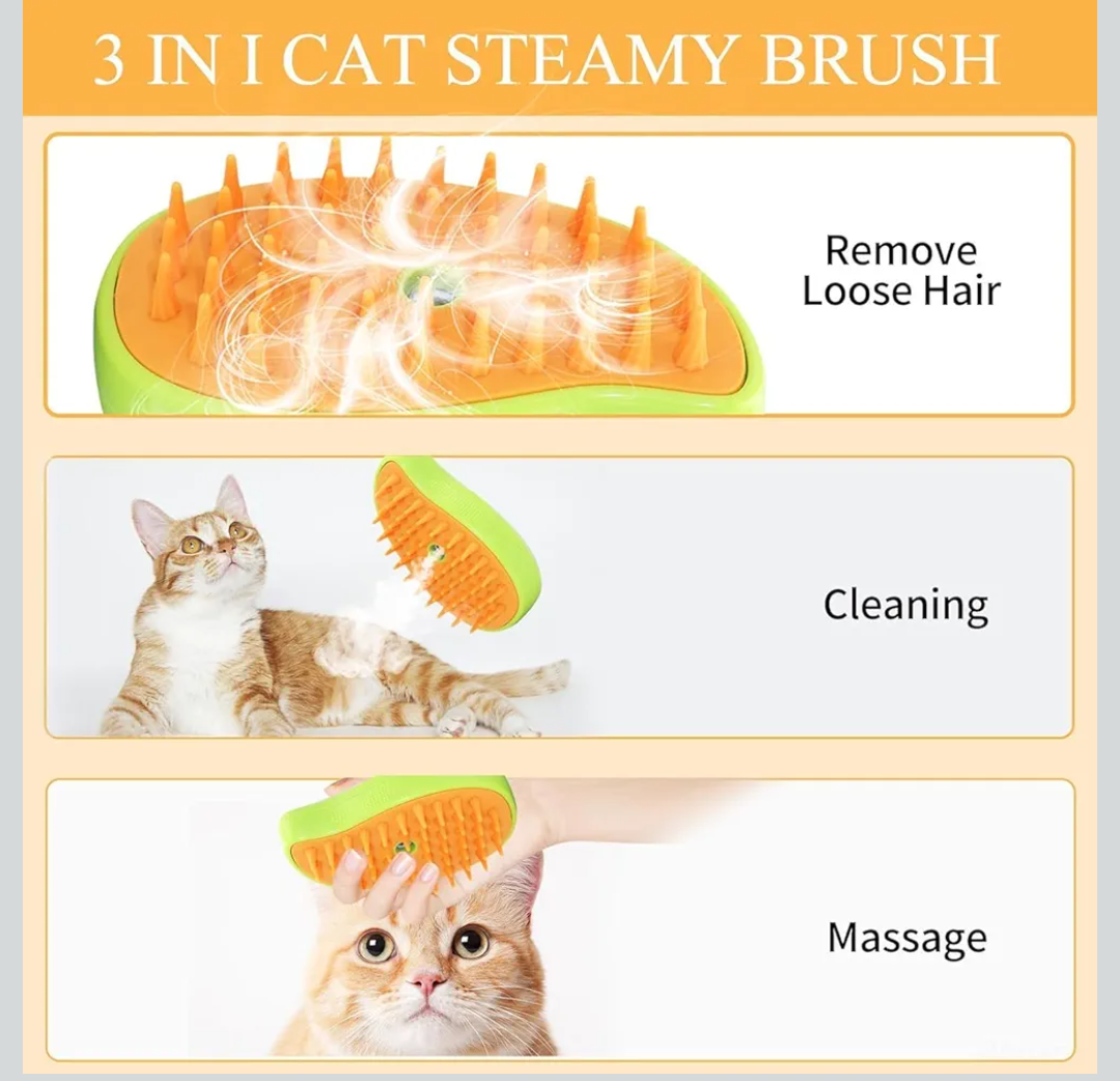 3 In1 Steam Brush - Self Cleaning Cat Steamy Brush for Massage, Removes Tangled & Loose Hair (Green)