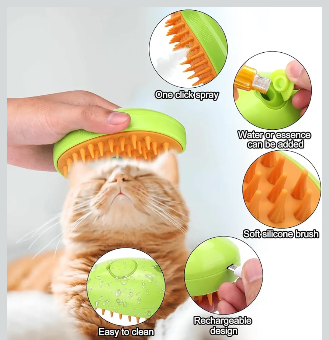 3 In1 Steam Brush - Self Cleaning Cat Steamy Brush for Massage, Removes Tangled & Loose Hair (Green)