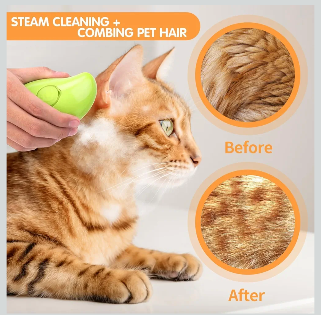 3 In1 Steam Brush - Self Cleaning Cat Steamy Brush for Massage, Removes Tangled & Loose Hair (Green)