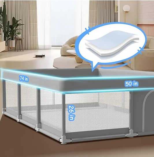 External Zipper Gate, Baby Play Yard with Non-Slip Suction Cups on The Bottom, Baby Fence, Grey