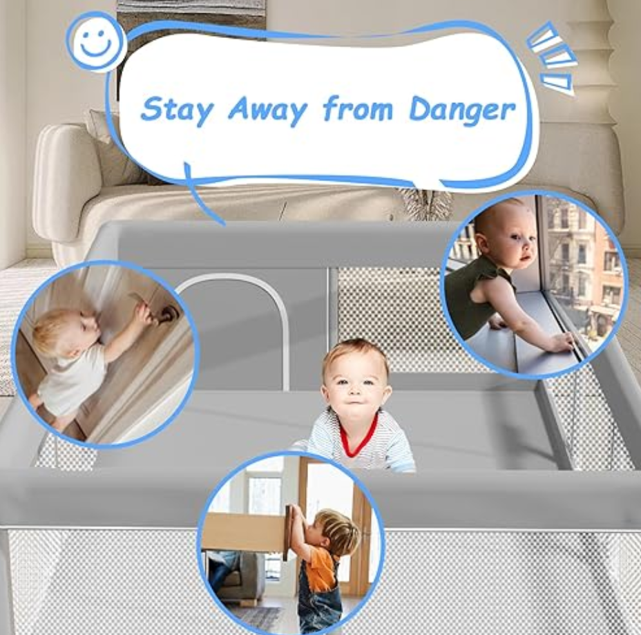External Zipper Gate, Baby Play Yard with Non-Slip Suction Cups on The Bottom, Baby Fence, Grey