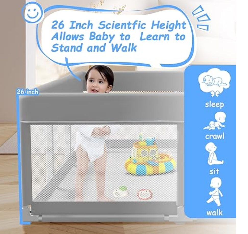 External Zipper Gate, Baby Play Yard with Non-Slip Suction Cups on The Bottom, Baby Fence, Grey