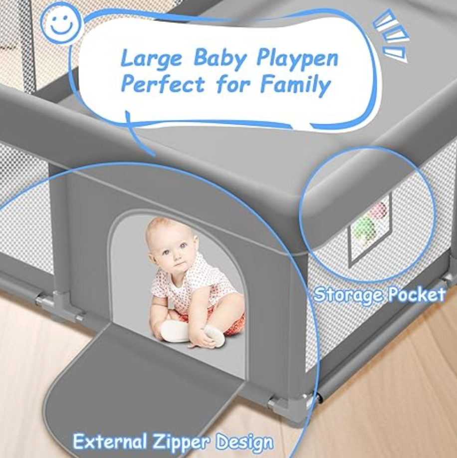 External Zipper Gate, Baby Play Yard with Non-Slip Suction Cups on The Bottom, Baby Fence, Grey