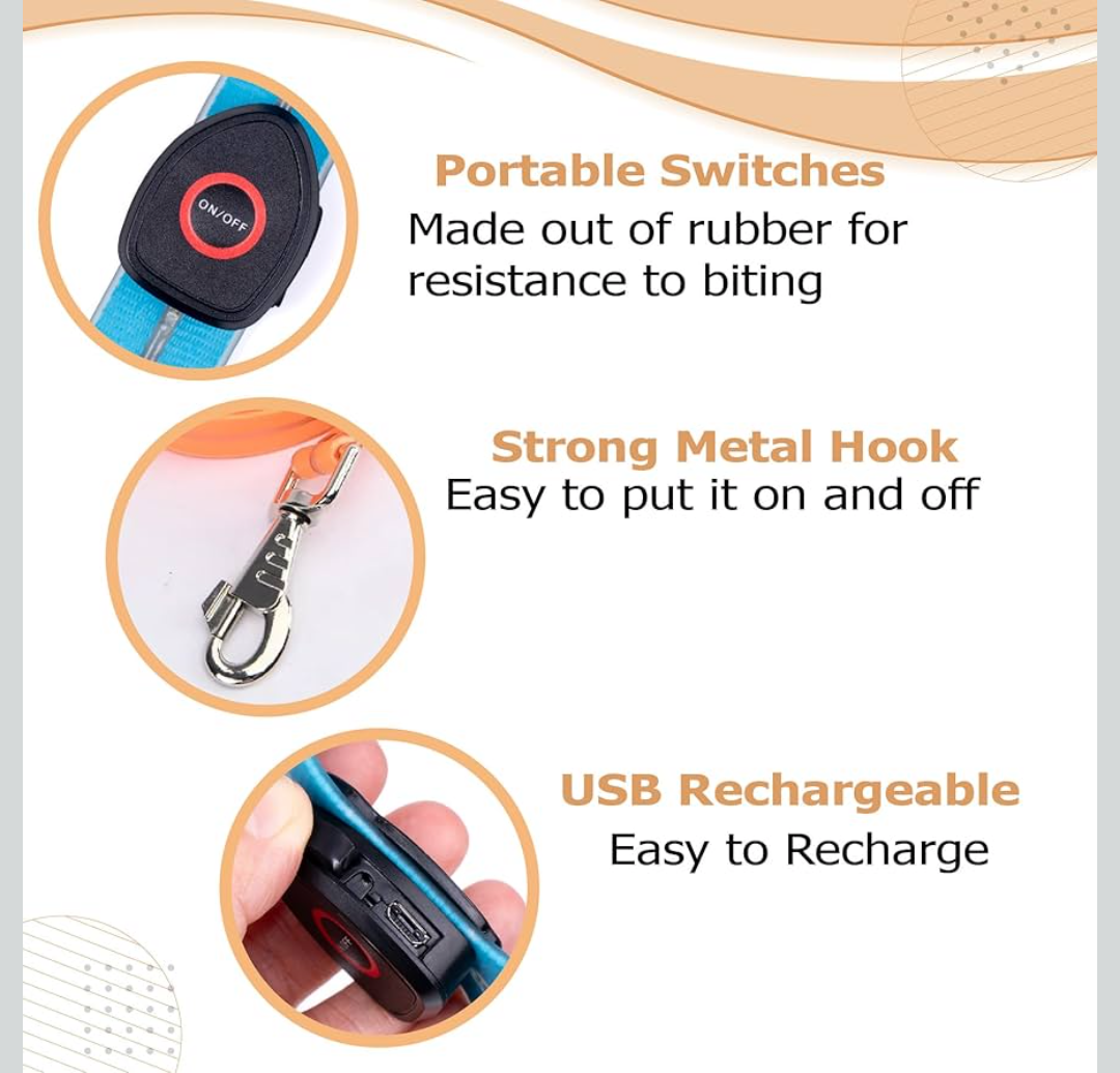 Safety Led Dog Leash for Night Walking - Glow in The Dark - Water Resistant Nylon Webbing - Lightweight and Heavy Duty - USB Rechargeable - RGB Color Changing - Suitable for All Dogs (Yellow)