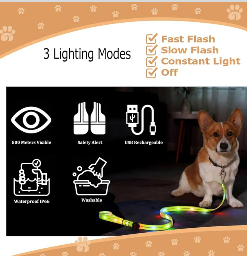 Safety Led Dog Leash for Night Walking - Glow in The Dark - Water Resistant Nylon Webbing - Lightweight and Heavy Duty - USB Rechargeable - RGB Color Changing - Suitable for All Dogs (Yellow)