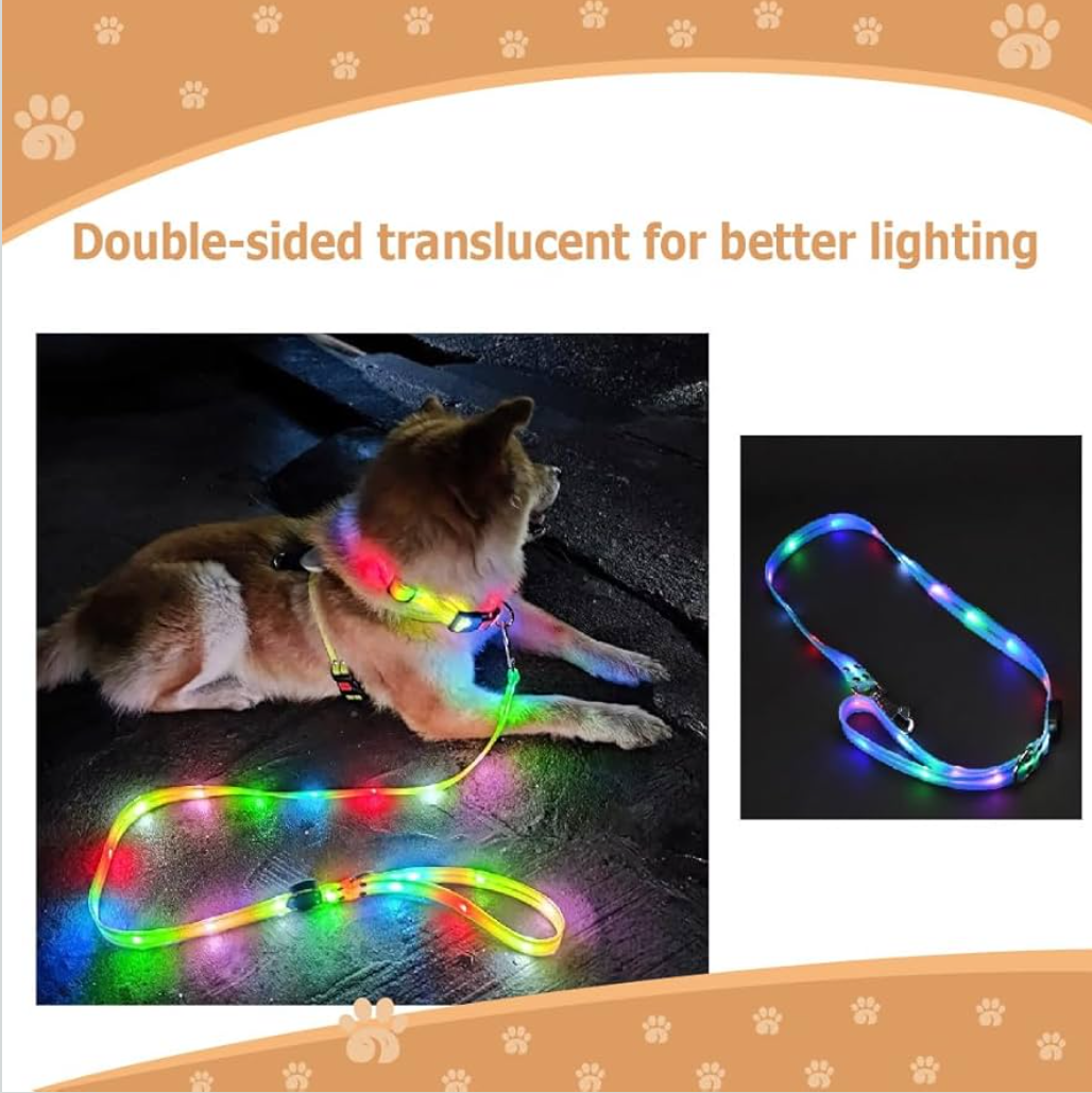 Safety Led Dog Leash for Night Walking - Glow in The Dark - Water Resistant Nylon Webbing - Lightweight and Heavy Duty - USB Rechargeable - RGB Color Changing - Suitable for All Dogs (Yellow)