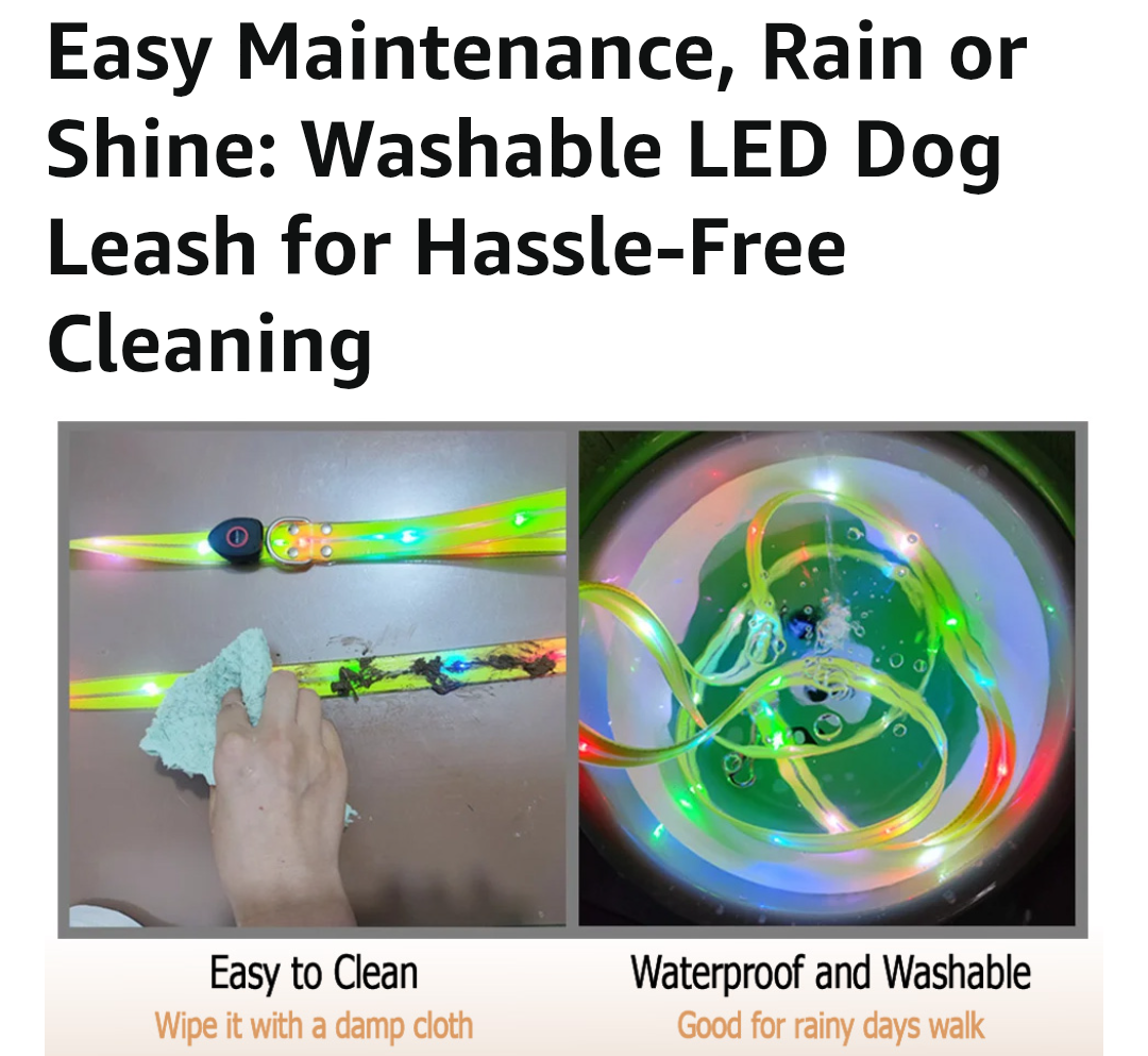 Safety Led Dog Leash for Night Walking - Glow in The Dark - Water Resistant Nylon Webbing - Lightweight and Heavy Duty - USB Rechargeable - RGB Color Changing - Suitable for All Dogs (Yellow)