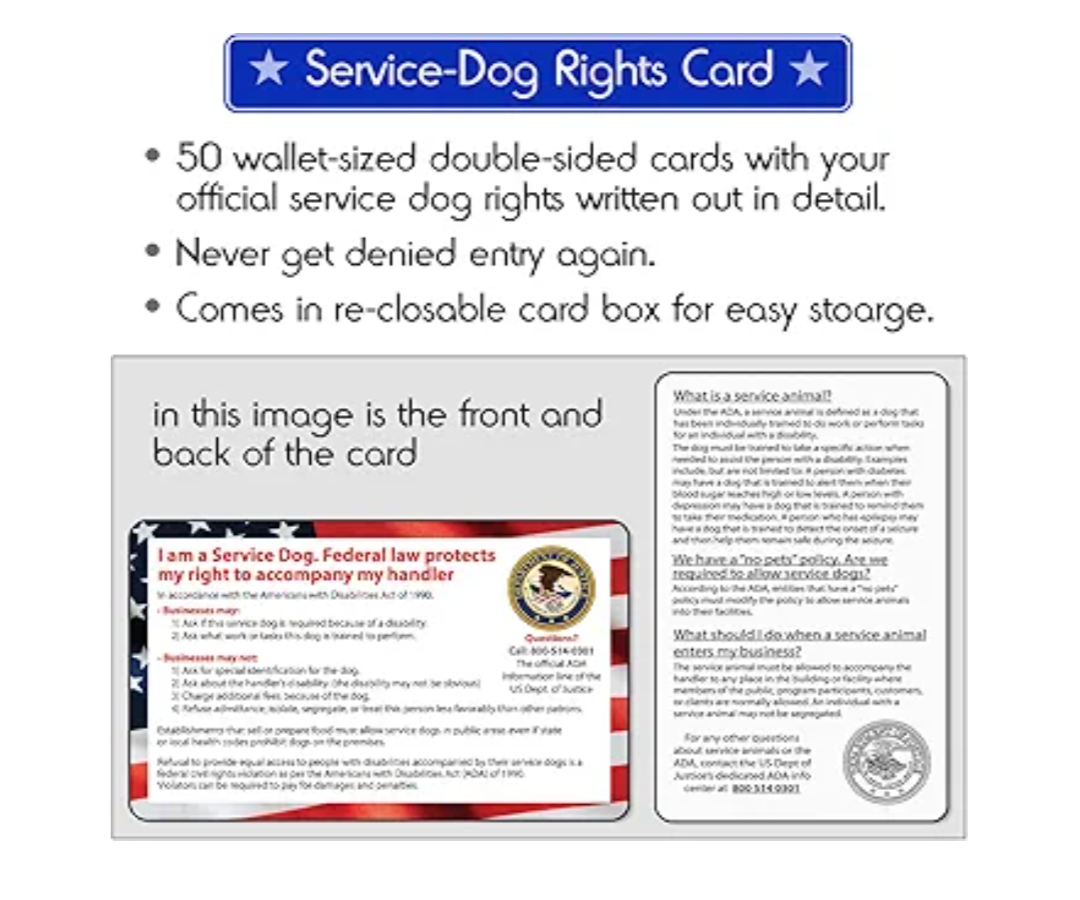 Service Dog Vest, ID Tag and ADA Info Cards - Harness in Small, 2-Sided Service Animal Cards. ESA Accessory Set