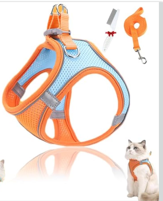 Stimulicat Cat Harness, Harness Adjustable Soft Mesh Vest, Escape Proof Outdoor Cat Leash with Reflective Safety Strips No Choke No Pull, Easy to Wear for Walking & Outdoor (Color orange blue,L(18.7-22lb))