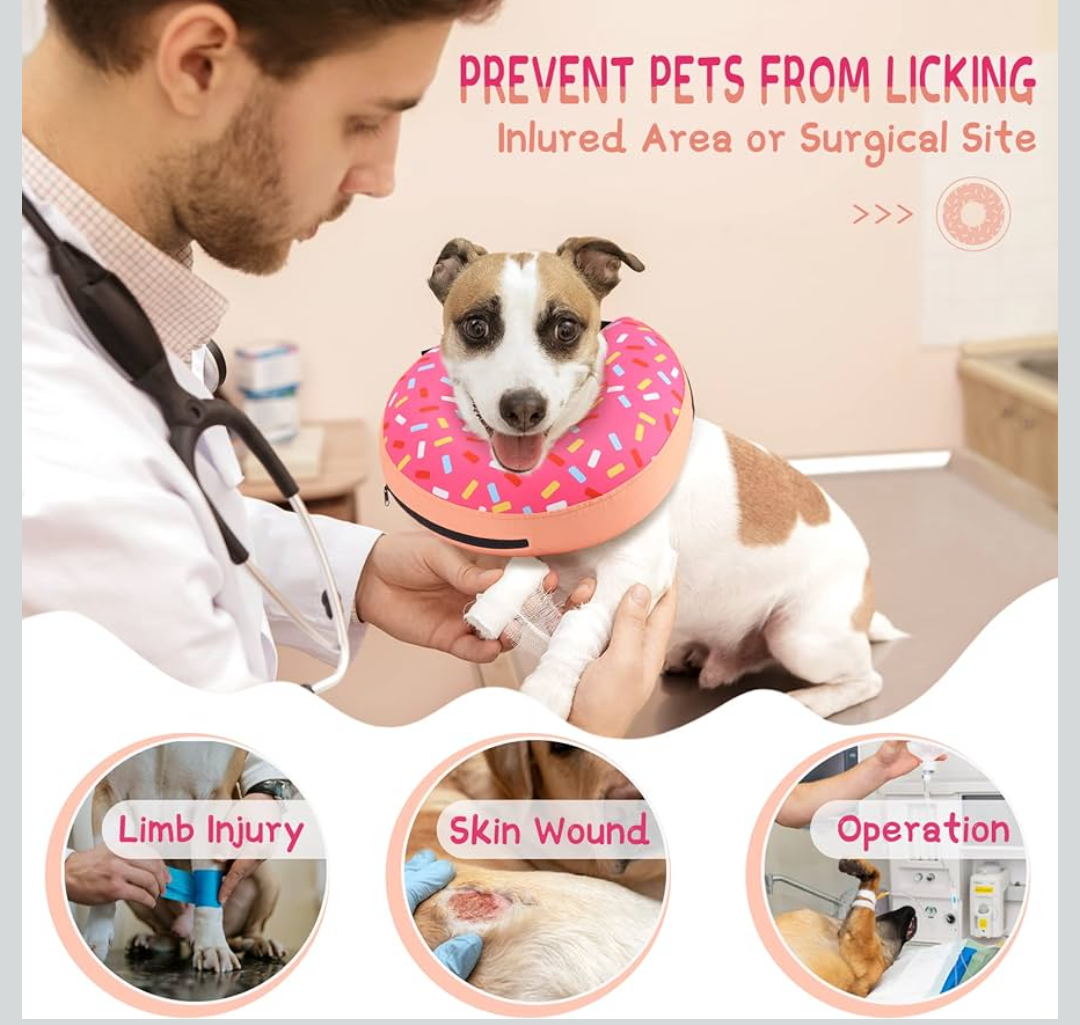 Supet Inflatable Dog Cone Collar for Large Medium Small Dogs, Soft Cone Collar for Dogs Cats, ECollar Doggie Neck Donut Dog Cone Alternative After Surgery MEDIUM Chocolate Donut with Sprinkles