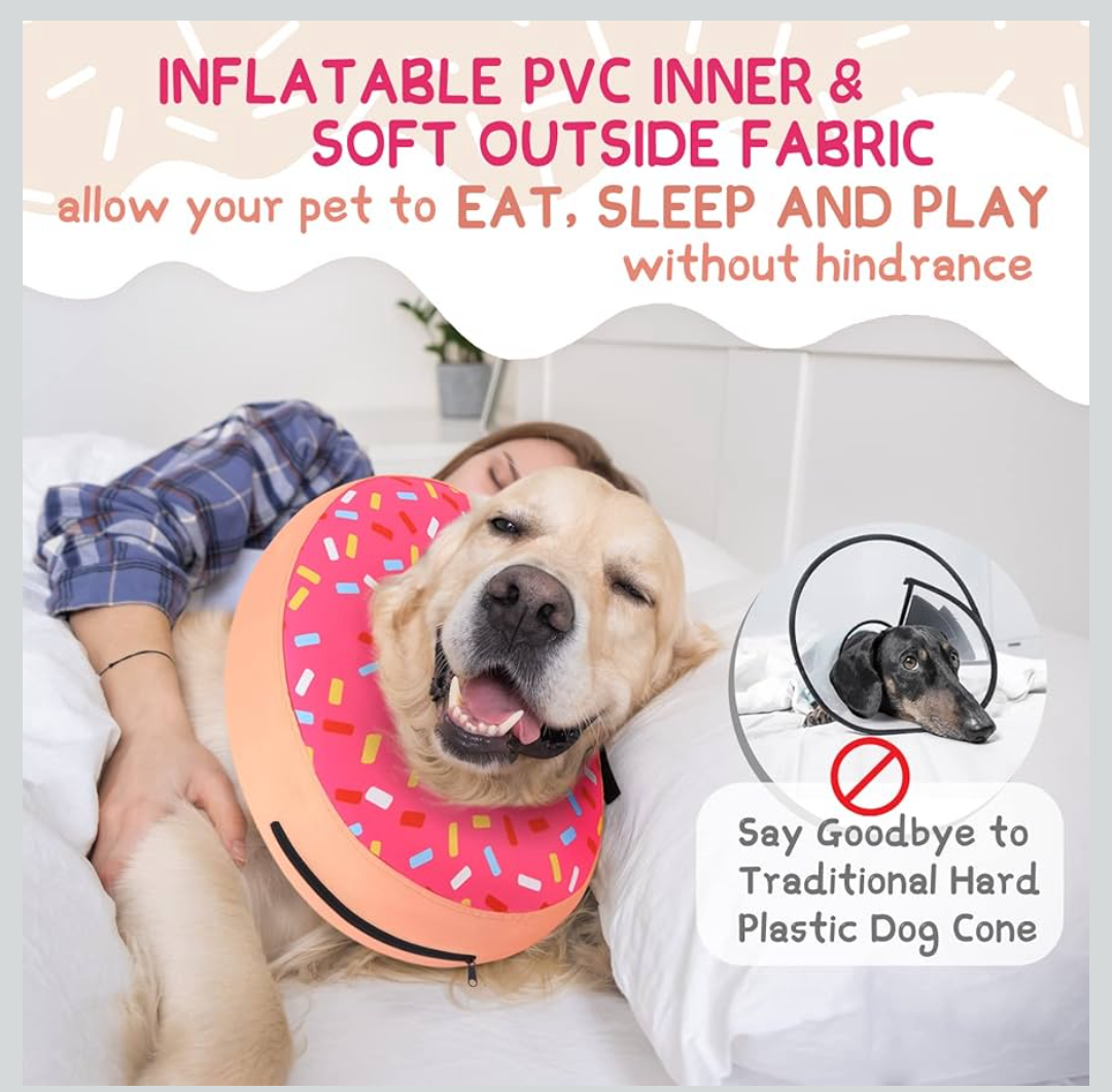 Supet Inflatable Dog Cone Collar for Large Medium Small Dogs, Soft Cone Collar for Dogs Cats, ECollar Doggie Neck Donut Dog Cone Alternative After Surgery MEDIUM Chocolate Donut with Sprinkles