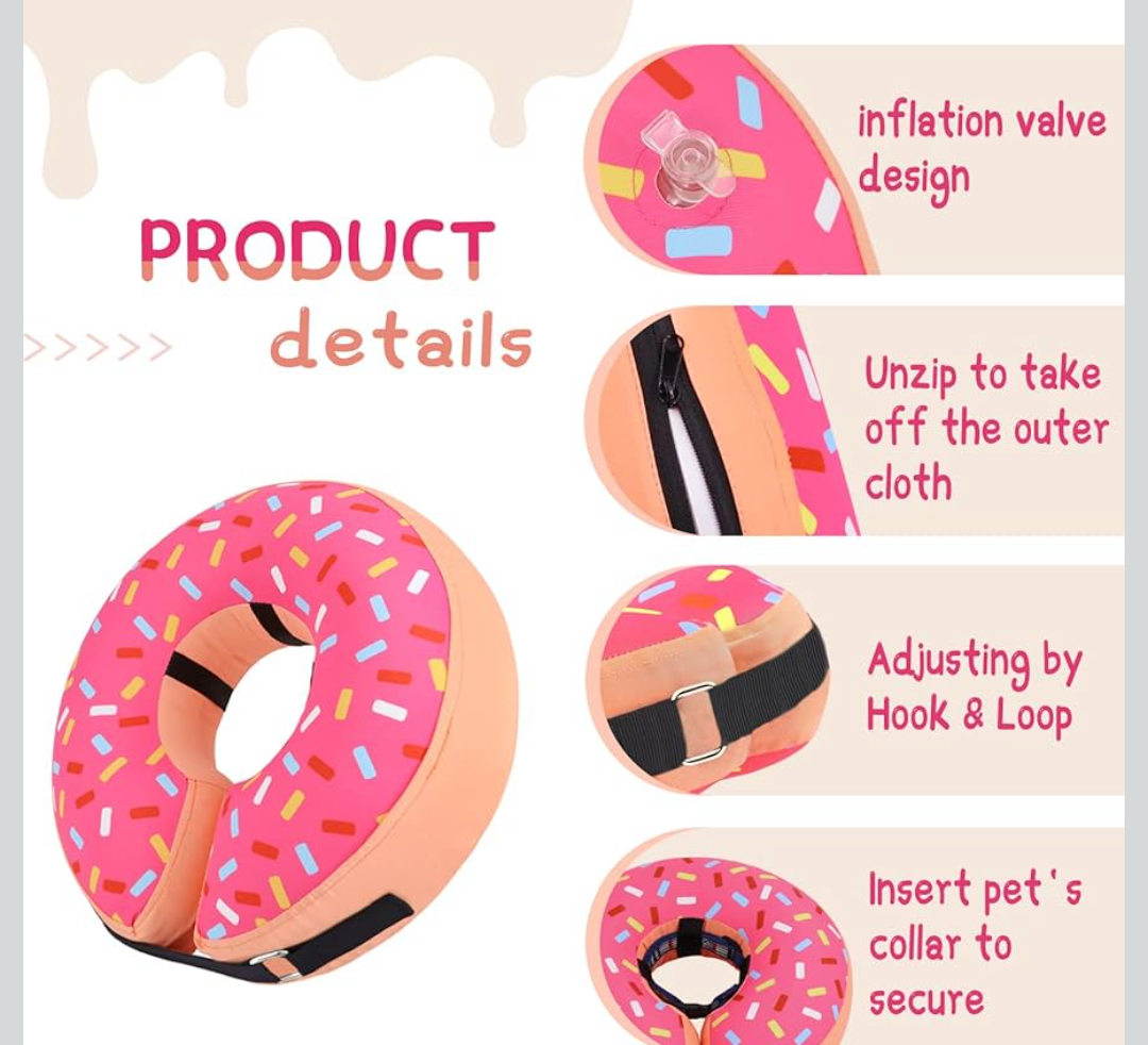 Supet Inflatable Dog Cone Collar for Large Medium Small Dogs, Soft Cone Collar for Dogs Cats, ECollar Doggie Neck Donut Dog Cone Alternative After Surgery MEDIUM Chocolate Donut with Sprinkles