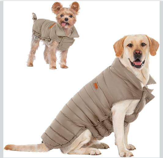 SPACE LION Puffer Jacket, Down Winter Coat, Durable Outdoor Coat for Cold and Windy Conditions, Waterproof, Windproof, Lightweight Jacket, Adjustable Fit for Small, Medium Dogs(khaki,M)