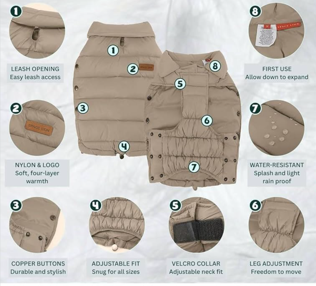 SPACE LION Puffer Jacket, Down Winter Coat, Durable Outdoor Coat for Cold and Windy Conditions, Waterproof, Windproof, Lightweight Jacket, Adjustable Fit for Small, Medium Dogs(khaki,M)