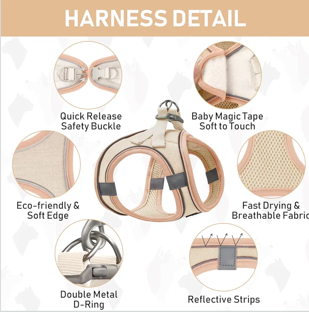 GAMUDA Small Pet Harness Collar and Leash Set, Step in No Chock No Pull Linen Fabric Soft Mesh Dog Vest Harnesses Reflective for Dogs Puppy Cats Kitten Rabbit (Khaki, XS)