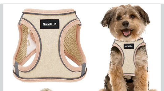 GAMUDA Small Pet Harness Collar and Leash Set, Step in No Chock No Pull Linen Fabric Soft Mesh Dog Vest Harnesses Reflective for Dogs Puppy Cats Kitten Rabbit (Khaki, XS)