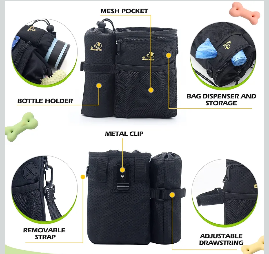 Dog Treat Pouch Dog Training Treat Pouch For Pet Dog Treat Bag With Adjustable Waist Belt Clip Shoulder Strap&Poop Bag Dispenser Detachable Water Bottle Holder Carry Pet Toy 3 Way To Wear (Black)