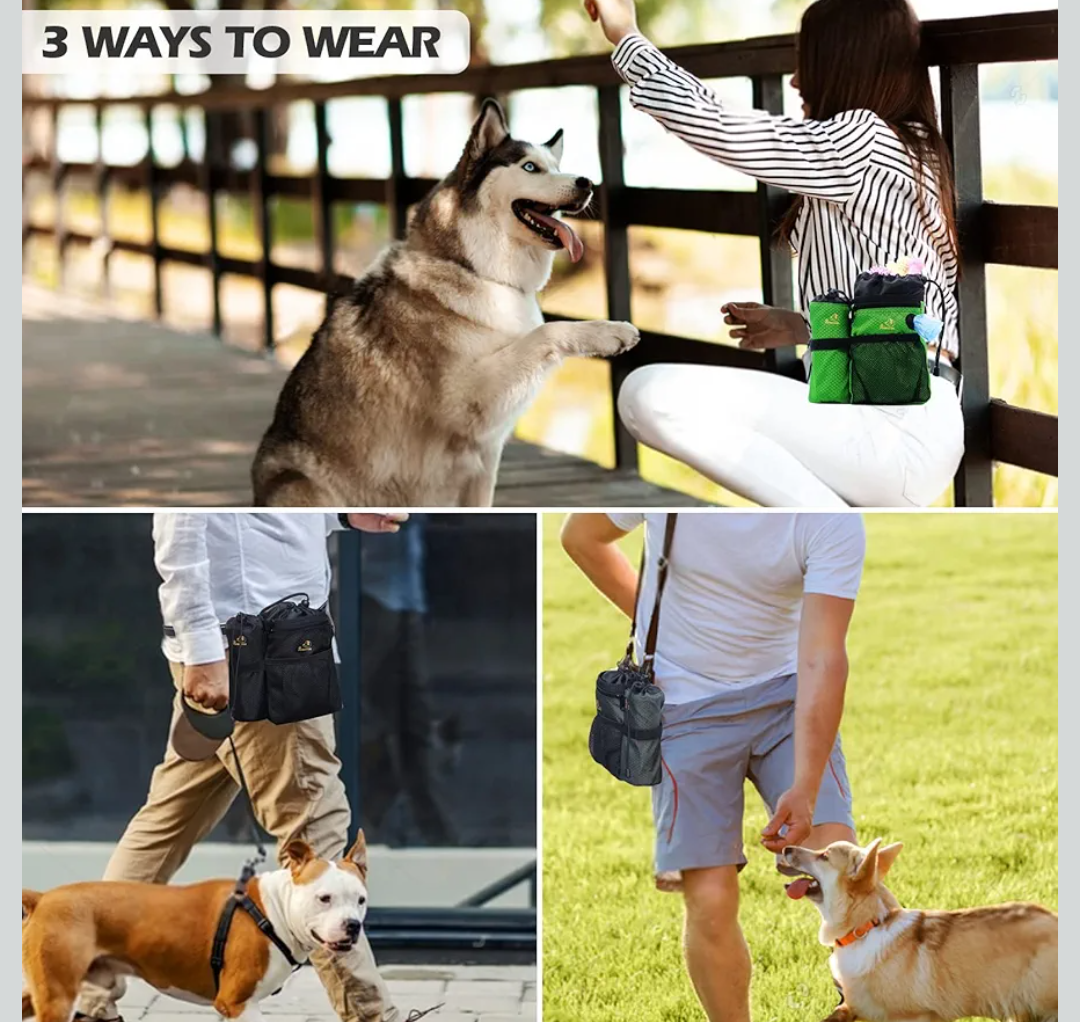 Dog Treat Pouch Dog Training Treat Pouch For Pet Dog Treat Bag With Adjustable Waist Belt Clip Shoulder Strap&Poop Bag Dispenser Detachable Water Bottle Holder Carry Pet Toy 3 Way To Wear (Black)