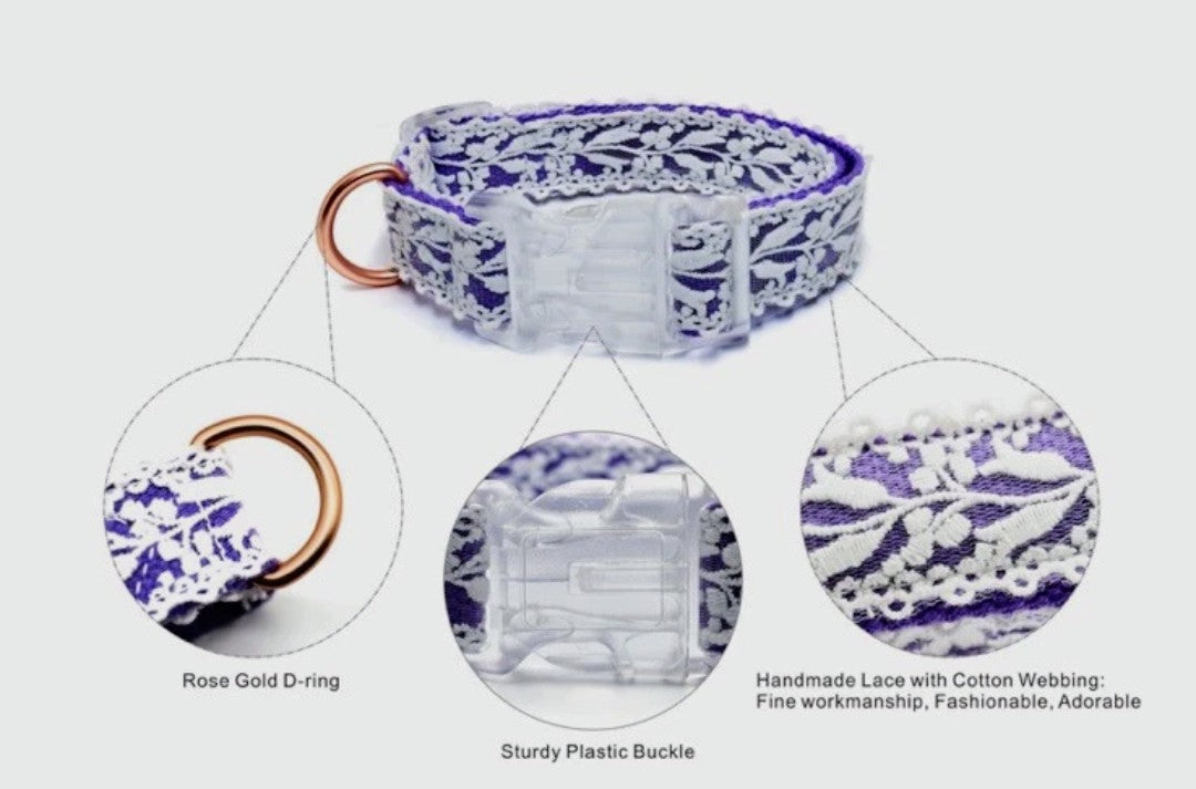 Lekaigo Dog Collar Purple Cotton Lace Handmade Size Large Very Stylish