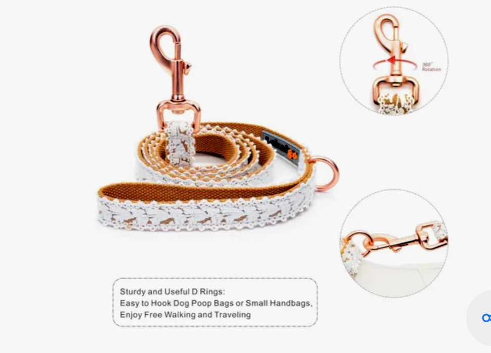 Leash, Cotton Lace Handmade 5 FT Adjustable Comfortable Unique Collars for Small Medium Large Dogs 1 pcs - Cream on khaki (Width:0.8")