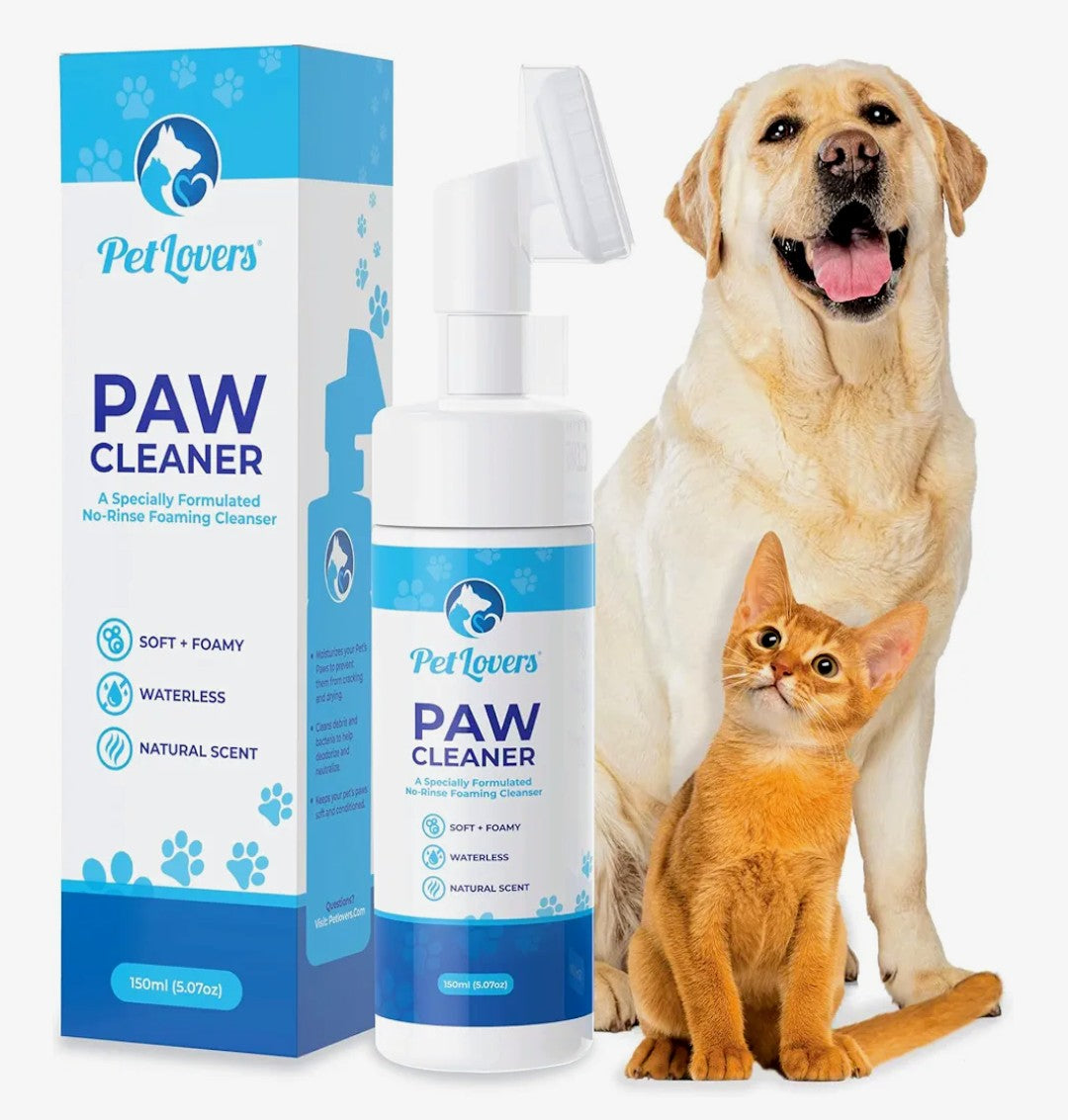 PetLovers No-Rinse Dog & Cat Paw Cleaner - Waterless Foaming Cleanser with Silicone Brush - Gentle, Natural Unscented Deep Cleaning & Moisturizing Paw Cleaner for Dogs - Helps with Dryness & Cracking