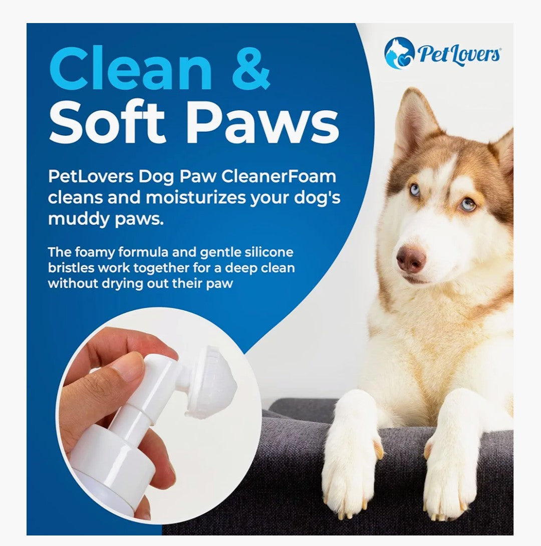 PetLovers No-Rinse Dog & Cat Paw Cleaner - Waterless Foaming Cleanser with Silicone Brush - Gentle, Natural Unscented Deep Cleaning & Moisturizing Paw Cleaner for Dogs - Helps with Dryness & Cracking
