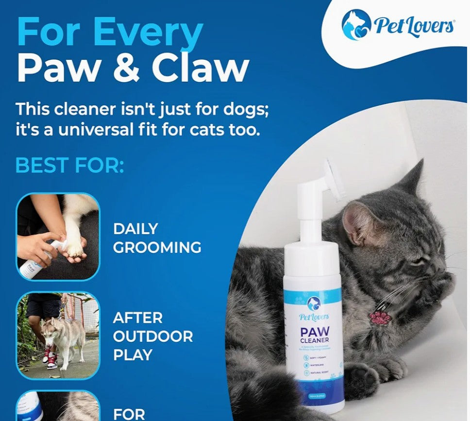 PetLovers No-Rinse Dog & Cat Paw Cleaner - Waterless Foaming Cleanser with Silicone Brush - Gentle, Natural Unscented Deep Cleaning & Moisturizing Paw Cleaner for Dogs - Helps with Dryness & Cracking