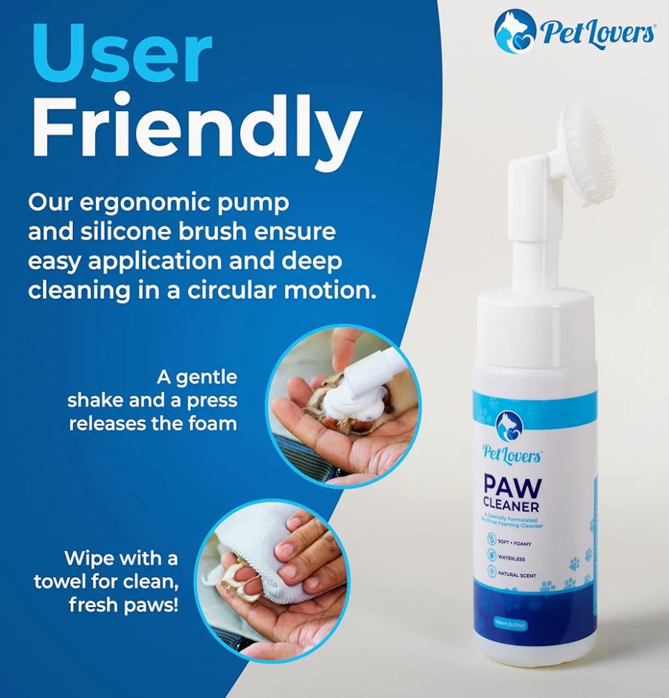 PetLovers No-Rinse Dog & Cat Paw Cleaner - Waterless Foaming Cleanser with Silicone Brush - Gentle, Natural Unscented Deep Cleaning & Moisturizing Paw Cleaner for Dogs - Helps with Dryness & Cracking