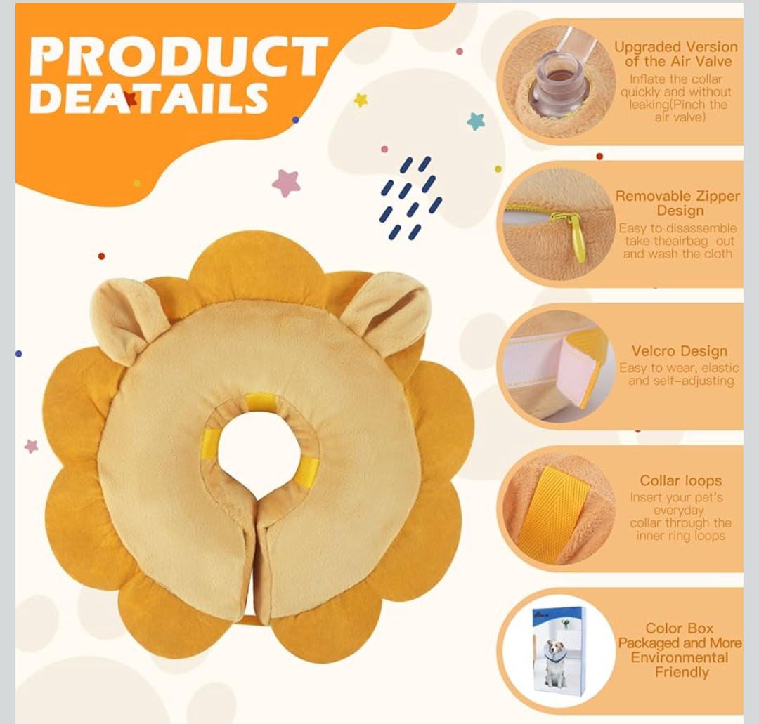 IEUUMLER Inflatable Recovery Dog Collar, Protective Donut Cone, Adjustable Soft Collar for Dog and Cat After Surgery Prevent from Biting & Scratching EU002 - Brown Lion M+