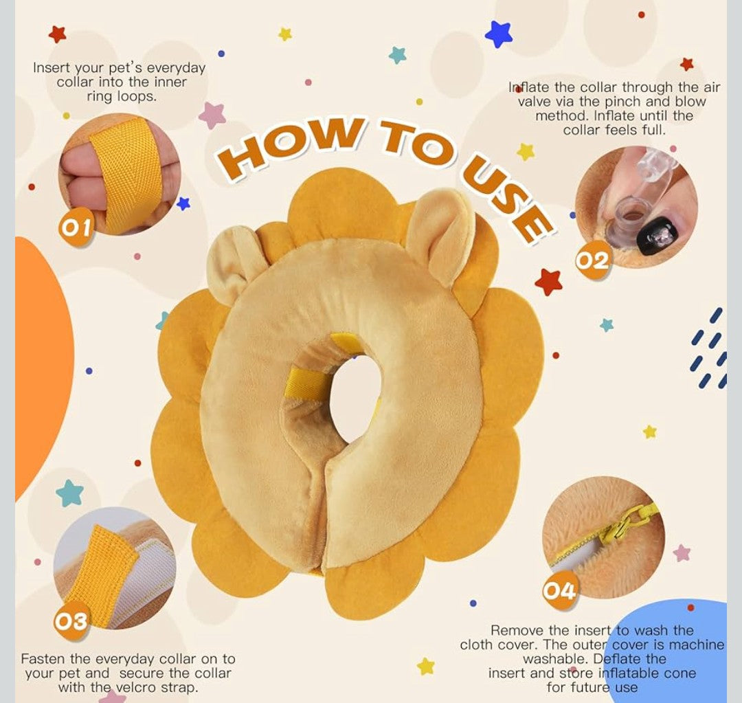 IEUUMLER Inflatable Recovery Dog Collar, Protective Donut Cone, Adjustable Soft Collar for Dog and Cat After Surgery Prevent from Biting & Scratching EU002 - Brown Lion M+
