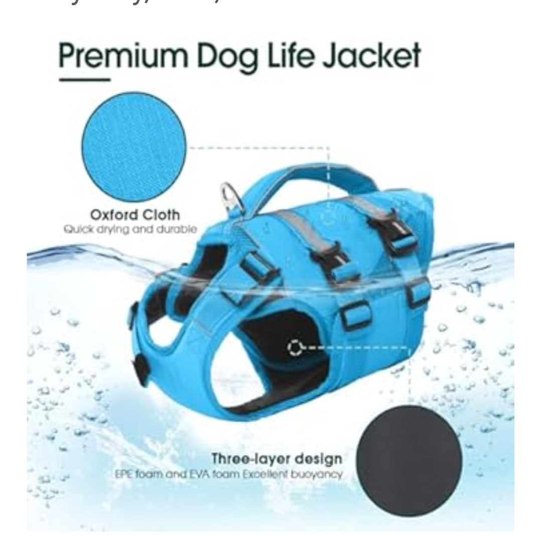 Kuoser Extra Small Life Jacket for Dogs, Life Jacket with Handle and Reflective, Adjustable Dog Life Jacket, Life Jacket for Small Dogs with Improved Buoyancy, Blue, XS